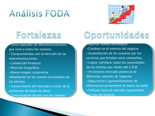 Único operador de telecomunicaciones que sirve a todos los sectores Comprometidos con el mercado de las telecomunicaciones Calidad del Producto Posición Geográfica Buena imagen corporativa Adaptación de las nuevas necesidades de los clientes Conocimiento del mercado a través de la utilizacion de bases de datos Comunicación directa con los clientes Aportar nuevas tecnologías Cambios en el entorno del negocio Insatisfacción de los usuarios por los servicios que brindan otras compañías. Lograr satisfacer todas las necesidades de los clientes por medio del C.R.M. Incremento mercado potencial de diferentes sectores de negocios Depuracion y aprovechamiento de informacion proveniente de bases de datos Enfoque hacia el mercado segmentado por tipo de negocio 