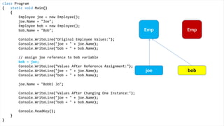 class Program
{
static void Main()
{
Height joe = new Height();
joe.Inches = 71;
Height bob = new Height();
bob.Inches = 59;
Console.WriteLine("Original Height Values:");
Console.WriteLine("joe = " + joe.Inches);
Console.WriteLine("bob = " + bob.Inches);
bob = joe;
Console.WriteLine("Values After Value Assignment:");
Console.WriteLine("joe = " + joe.Inches);
Console.WriteLine("bob = " + bob.Inches);
joe.Inches = 65;
Console.WriteLine("Values After Changing One Instance:");
Console.WriteLine("joe = " + joe.Inches);
Console.WriteLine("bob = " + bob.Inches);
Console.ReadKey();
}
}
Value Types
71 71
joe bob
Exactly
the
same
 