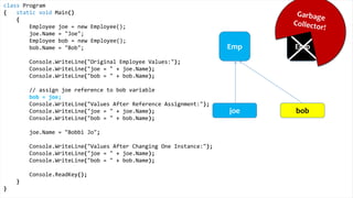 class Program
{
static void Main()
{
Height joe = new Height();
joe.Inches = 71;
Height bob = new Height();
bob.Inches = 59;
Console.WriteLine("Original Height Values:");
Console.WriteLine("joe = " + joe.Inches);
Console.WriteLine("bob = " + bob.Inches);
bob = joe;
Console.WriteLine("Values After Value Assignment:");
Console.WriteLine("joe = " + joe.Inches);
Console.WriteLine("bob = " + bob.Inches);
joe.Inches = 65;
Console.WriteLine("Values After Changing One Instance:");
Console.WriteLine("joe = " + joe.Inches);
Console.WriteLine("bob = " + bob.Inches);
Console.ReadKey();
}
}
Value Types
65 71
joe bob
 
