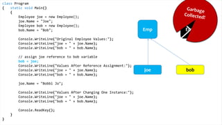 class Program
{
static void Main()
{
Height joe = new Height();
joe.Inches = 71;
Height bob = new Height();
bob.Inches = 59;
Console.WriteLine("Original Height Values:");
Console.WriteLine("joe = " + joe.Inches);
Console.WriteLine("bob = " + bob.Inches);
bob = joe;
Console.WriteLine("Values After Value Assignment:");
Console.WriteLine("joe = " + joe.Inches);
Console.WriteLine("bob = " + bob.Inches);
joe.Inches = 65;
Console.WriteLine("Values After Changing One Instance:");
Console.WriteLine("joe = " + joe.Inches);
Console.WriteLine("bob = " + bob.Inches);
Console.ReadKey();
}
}
Value Types
65 71
joe bob
Original Height Values:
joe = 71
bob = 59
Values After Value Assignment:
joe = 71
bob = 71
Values After Changing One Instance:
joe = 65
bob = 71
 