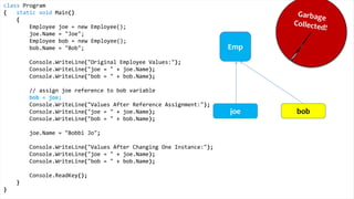 Classes and Structs
Classes
• Reference Types
• (objects stored on the heap)
• support inheritance
• (all classes are derived from object)
• can implement interfaces
• may have a destructor
Structs
• Value Types
• (objects stored on the stack)
• no inheritance
• (but compatible with object)
• can implement interfaces
• no destructors allowed
 
