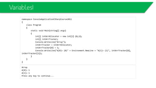 using System;
public class ParentClass
{
public ParentClass()
{
Console.WriteLine("Parent Constructor.");
}
public void print()
{
Console.WriteLine("I'm a Parent Class.");
}
}
public class ChildClass : ParentClass
{
public ChildClass()
{
Console.WriteLine("Child Constructor.");
}
public static void Main()
{
ChildClass child = new ChildClass();
child.print();
}
}
Inheritance
 