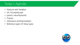 Today’s Agenda
• Classes
• Inheritance
• Polymorphism
• Versioning
• Interfaces
• Reference types VS Value types
 