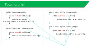 Interfaces
• An interface can be a member of a namespace or a class and can contain
signatures of the following members:
– Methods
– Properties
– Indexers
– Events
• “No” Fields!
 