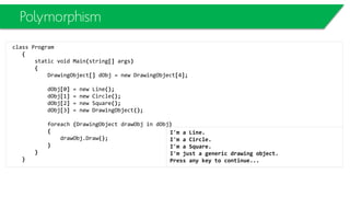using System;
class Program
{
static void Main()
{
float lengthFloat = 7.35f;
// lose precision - explicit conversion
int lengthInt = (int)lengthFloat;
// no problem - implicit conversion
double lengthDouble = lengthInt;
Console.WriteLine("lengthInt = " + lengthInt);
Console.WriteLine("lengthDouble = " + lengthDouble);
Console.ReadKey();
}
}
lengthInt = 7
lengthDouble = 7
Reference VS Value Types
 