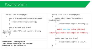 Reference Types
class Program
{ static void Main()
{
Employee joe = new Employee();
joe.Name = "Joe";
Employee bob = new Employee();
bob.Name = "Bob";
Console.WriteLine("Original Employee Values:");
Console.WriteLine("joe = " + joe.Name);
Console.WriteLine("bob = " + bob.Name);
// assign joe reference to bob variable
bob = joe;
Console.WriteLine("Values After Reference Assignment:");
Console.WriteLine("joe = " + joe.Name);
Console.WriteLine("bob = " + bob.Name);
joe.Name = "Bobbi Jo";
Console.WriteLine("Values After Changing One Instance:");
Console.WriteLine("joe = " + joe.Name);
Console.WriteLine("bob = " + bob.Name);
Console.ReadKey();
}
}
joe bob
Emp
Name =
“Bobbi Jo”
 