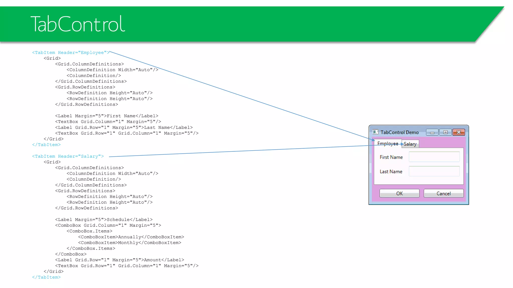 TabControl
<TabItem Header="Employee">
<Grid>
<Grid.ColumnDefinitions>
<ColumnDefinition Width="Auto"/>
<ColumnDefinition/>
</Grid.ColumnDefinitions>
<Grid.RowDefinitions>
<RowDefinition Height="Auto"/>
<RowDefinition Height="Auto"/>
</Grid.RowDefinitions>
<Label Margin="5">First Name</Label>
<TextBox Grid.Column="1" Margin="5"/>
<Label Grid.Row="1" Margin="5">Last Name</Label>
<TextBox Grid.Row="1" Grid.Column="1" Margin="5"/>
</Grid>
</TabItem>
<TabItem Header="Salary">
<Grid>
<Grid.ColumnDefinitions>
<ColumnDefinition Width="Auto"/>
<ColumnDefinition/>
</Grid.ColumnDefinitions>
<Grid.RowDefinitions>
<RowDefinition Height="Auto"/>
<RowDefinition Height="Auto"/>
</Grid.RowDefinitions>
<Label Margin="5">Schedule</Label>
<ComboBox Grid.Column="1" Margin="5">
<ComboBox.Items>
<ComboBoxItem>Annually</ComboBoxItem>
<ComboBoxItem>Monthly</ComboBoxItem>
</ComboBox.Items>
</ComboBox>
<Label Grid.Row="1" Margin="5">Amount</Label>
<TextBox Grid.Row="1" Grid.Column="1" Margin="5"/>
</Grid>
</TabItem>
 