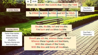 Iambic Meter
Trochaic Meter
When I do COUNT the CLOCKS that TELLS the TIME
Sonnet 12, William Shakespeare
To STRIVE, to SEEK, to FIND, and NOT to YIELD.
Ulysses, Alfred Tennyson
da DUM
Five feet =
Pentameter
Double, double, toil and trouble;
Fire burn and cauldron bubble.
William Shakespeare
Should you ask me, whence these stories?
Whence these legends and traditions,
With the odours of the forest,
With the dew and damp of meadows.
Kalevala, Elias Lonnrot
Four feet =
Tetrameter
Faster than iambic
meter. Used to
dramatize lively
situations.
Nursery rhymes are
best examples.
Presented by: Ehlie Rose G. Baguinaon
 