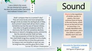 Sound
Rhyme is the repetition
of similar sounds. In
poetry, the most
common kind of rhyme
is the end rhyme, which
occurs at the end of two
or more lines. It is
usually identified with
lower case letters, and a
new letter is used to
identify each new end
sound.
I saw a fairy in the wood,
He was dressed all in green.
He drew his sword while I just stood,
And realized I'd been seen.
a
b
a
b
Shall I compare thee to a summer’s day?
Thou art more lovely and more temperate:
Rough winds do shake the darling buds of May,
And summer’s lease hath all too short a date:
Sometime too hot the eye of heaven shines,
And often is his gold complexion dimm’d;
And every fair from fair sometime declines,
By chance or nature’s changing course, untrimm’d;
But thy eternal summer shall not fade,
Nor lose possession of that fair thou owest;
Nor shall Death brag thou wander’st in his shade,
When in eternal lines to time thou growest;
So long as men can breathe or eyes can see,
So long lives this, and this gives life to thee.
Sonnet 18, William Shakespeare
a
b
a
b
c
d
c
d
e
f
e
f
g
g
Discussion for Figurative Language
and Sound
CW Figures of Speech pptPresented by: Ehlie Rose G. Baguinaon
 