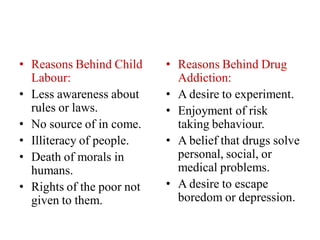 • Reasons Behind Child
Labour:
• Less awareness about
rules or laws.
• No source of in come.
• Illiteracy of people.
• Death of morals in
humans.
• Rights of the poor not
given to them.
• Reasons Behind Drug
Addiction:
• A desire to experiment.
• Enjoyment of risk
taking behaviour.
• A belief that drugs solve
personal, social, or
medical problems.
• A desire to escape
boredom or depression.
 