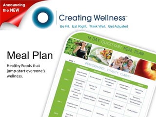 Be Fit. Eat Right. Think Well. Get Adjusted




Meal Plan
Healthy Foods that
jump-start everyone’s
wellness.
 