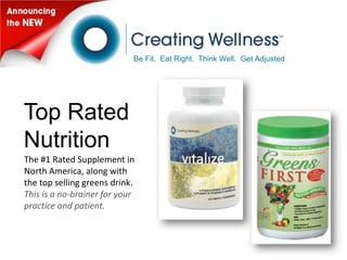 Be Fit. Eat Right. Think Well. Get Adjusted




Top Rated
Nutrition
The #1 Rated Supplement in
North America, along with
the top selling greens drink.
This is a no-brainer for your
practice and patient.
 