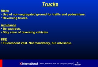 Trucks
Risks
• Use of non-segregated ground for traffic and pedestrians.
• Reversing trucks.

Avoidance
• Be cautious.
• Stay clear of reversing vehicles.

PPE
• Fluorescent Vest. Not mandatory, but advisable.
 