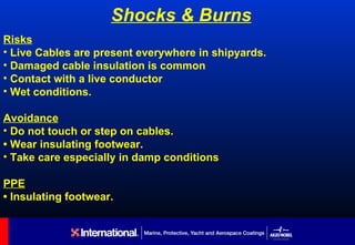 Shocks & Burns
Risks
• Live Cables are present everywhere in shipyards.
• Damaged cable insulation is common
• Contact with a live conductor
• Wet conditions.

Avoidance
• Do not touch or step on cables.
• Wear insulating footwear.
• Take care especially in damp conditions

PPE
• Insulating footwear.
 
