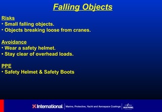 Falling Objects
Risks
• Small falling objects.
• Objects breaking loose from cranes.

Avoidance
• Wear a safety helmet.
• Stay clear of overhead loads.

PPE
• Safety Helmet & Safety Boots
 