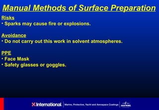 Manual Methods of Surface Preparation
Risks
• Sparks may cause fire or explosions.

Avoidance
• Do not carry out this work in solvent atmospheres.

PPE
• Face Mask
• Safety glasses or goggles.
 
