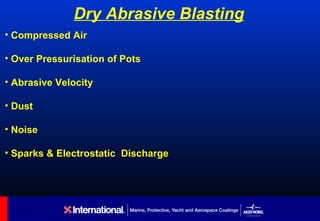 Dry Abrasive Blasting
• Compressed Air

• Over Pressurisation of Pots

• Abrasive Velocity

• Dust

• Noise

• Sparks & Electrostatic Discharge
 