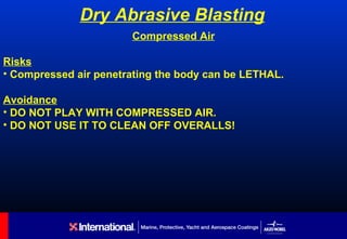 Dry Abrasive Blasting
                       Compressed Air

Risks
• Compressed air penetrating the body can be LETHAL.

Avoidance
• DO NOT PLAY WITH COMPRESSED AIR.
• DO NOT USE IT TO CLEAN OFF OVERALLS!
 