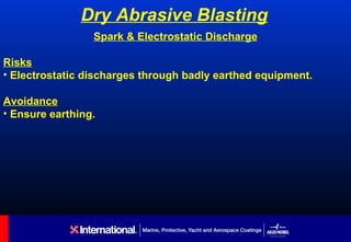 Dry Abrasive Blasting
                 Spark & Electrostatic Discharge

Risks
• Electrostatic discharges through badly earthed equipment.

Avoidance
• Ensure earthing.
 