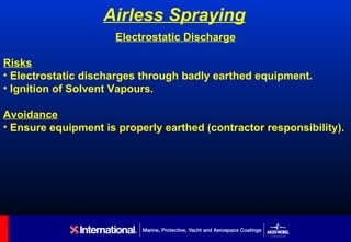Airless Spraying
                      Electrostatic Discharge

Risks
• Electrostatic discharges through badly earthed equipment.
• Ignition of Solvent Vapours.

Avoidance
• Ensure equipment is properly earthed (contractor responsibility).
 
