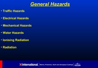 General Hazards
• Traffic Hazards

• Electrical Hazards

• Mechanical Hazards

• Water Hazards

• Ionising Radiation

• Radiation
 