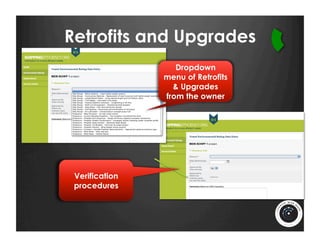 Retrofits and Upgrades
                   Dropdown
                menu of Retrofits
                  & Upgrades
                from the owner




 Verification
 procedures
 