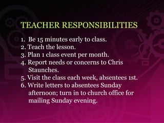 TEACHER RESPONSIBILITIES 1.  Be 15 minutes early to class. 2. Teach the lesson. 3. Plan 1 class event per month. 4. Report needs or concerns to Chris  Staunches. 5. Visit the class each week, absentees 1st. 6. Write letters to absentees Sunday  afternoon; turn in to church office for  mailing Sunday evening. 