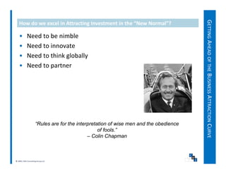 GETTING AHEAD OF THE BUSINESS ATTRACTION CURVE
   How do we excel in Attracting Investment in the “New Normal”?

   •        Need to be nimble
   •        Need to innovate




                                                                                                   D
   •        Need to think globally
            N d t thi k l b ll
   •        Need to partner




                                                                                                            B        A        N
                     “Rules are for the interpretation of wise men and the obedience
                                                  of fools.”
                                             – Colin Chapman



© 2009, CWS Consulting Group LLC
 