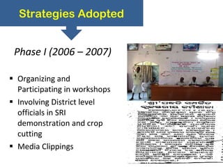 Phase I (2006 – 2007) Organizing and Participating in workshops Involving District level officials in SRI demonstration and crop cutting Media Clippings  Strategies Adopted 