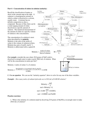 Part 4 – Concentration of solutes in solution (molarity)
Recall the classification of matter as
show in the concept map at the right. A
solution is a homogeneous mixture in
which a solute is dissolved in a solvent,
usually water. A mixture has no
definite composition as does a
compound. Because of that, there can be
a wide-ranging amount of solute
dissolved in a specific amount of
solution. The numerical measurement of
the amount of solute in a specific volume
of solution is the concentration.
The concentration of a solution is most
often described by its molarity.
Molarity is the ratio of the moles of
solute to the volume of solution in liters.
Molarity has units of mol/L (mol L-1
).
Molarity is abbreviated with a capital M.
L
moles
M
solutionofliters
soluteofmoles
Molarity ==
For example, consider the case where 30.0 grams of NaCl solid is
dissolved in enough water to make exactly 500.0 mL of solution. What
will be the concentration in moles per liter?
Molarity = moles of solute / L of solution
Molarity = M03.1
L500.0
)NaClg5.58/NaClmol1(gNaCl0.30
=
×
I. Use an equation. We can use the “molarity equation” above to solve for any one of the three variables.
Example: How many moles of sodium hydroxide are in 20.0 mL of 0.400 M solution?
L
mol
Molarity =
LMolaritymol ×=
L0.0200
L
mol
0.400mol ×=
NaOHmol0.00800mol =
Practice exercises:
1. What is the molarity of a solution made by dissolving 25.0 grams of Ba(NO3)2 in enough water to make
250.0 mL of solution?
500 mL of solution
30.0 g of NaCl
 