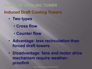 Induced Draft Cooling Towers
• Two types
• Cross flow
• Counter flow
• Advantage: less recirculation than
forced draft towers
• Disadvantage: fans and motor drive
mechanism require weather-
proofinh
TYPES OF COOLING TOWER
Prepared by: Mohammad Shoeb Siddiqui
 