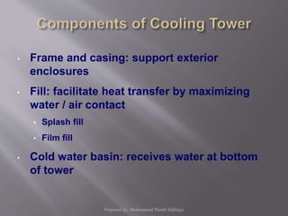 • Frame and casing: support exterior
enclosures
• Fill: facilitate heat transfer by maximizing
water / air contact
• Splash fill
• Film fill
• Cold water basin: receives water at bottom
of tower
Prepared by: Mohammad Shoeb Siddiqui
 