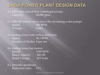 2 x 100% duty mixed flow centrifugal pumps.
Capacity: 60,000 gpm.
2 x 1000 HP motors use to drive the circulating water pumps
Speed: 500 RPM.
Voltage: 6.6Kv.
4 x cooling tower with induce draft fans.
Speed: 98.3 RPM.
Number of blades: 6 per fan.
4 x cooling tower fan motors.
Speed: 1500 RPM.
Rated capacity: 200 HP.
Rated Voltage: 415 Volts.
4 x Amarillo gearboxes.
Reduction ratio: 15:1
Prepared by: Mohammad Shoeb Siddiqui
 