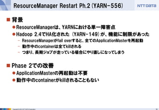 Copyright © 2014 NTT DATA Corporation 10 
 
背景 
 
ResourceManagerは、YARNにおける単一障害点 
 
Hadoop 2.4でHA化された (YARN-149)が、機能に制限があった 
- 
ResourceManagerがfail overすると、全てのApplicationMasterを再起動 
- 
動作中のcontainerは全てkillされる 
- 
つまり、長期ジョブが走っている場合にやり直しになってしまう 
 
Phase 2での改善 
 
ApplicationMasterの再起動は不要 
 
動作中のcontainerがkillされることもない 
ResourceManager Restart Ph.2(YARN-556)  