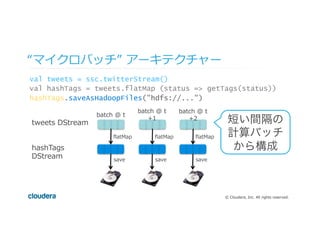 ©  Cloudera,  Inc.  All  rights  reserved.
val tweets = ssc.twitterStream()
val hashTags = tweets.flatMap (status => getTags(status))
hashTags.saveAsHadoopFiles("hdfs://...")
“マイクロバッチ”  アーキテクチャー
ﬂatMap ﬂatMap ﬂatMap
save save save
batch  @  t
+1
batch  @  t
batch  @  t
+2
tweets  DStream
hashTags  
DStream
短い間隔の
計算バッチ
から構成
 