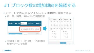 48© Cloudera, Inc. All rights reserved.
#1 ブロック数の増加傾向を確認する
•  チャートで表⽰するタイムレンジは柔軟に選択できる
•  ⽉、⽇、時間、分レベルで調整可能
•  今回は「1⽇」「7⽇間」「30⽇間」
の3パターンで取得
 