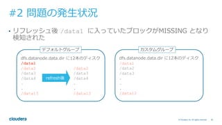 65© Cloudera, Inc. All rights reserved.
#2 問題の発⽣状況
•  リフレッシュ後 /data1 に⼊っていたブロックがMISSING となり
検知された
dfs.datanode.data.dir に12本のディスク
/data1
/data2 /data2
/data3 /data3
/data4 /data4
. .
. .
/data13 /data13
デフォルトグループ
dfs.datanode.data.dir に12本のディスク
/data1
/data2
/data3
.
.
.
/data12
カスタムグループ
refresh後
 