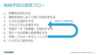 21© Cloudera, Inc. All rights reserved.
機械学習の業務フロー
1. 問題を定式化する
2. 機械学習をしなくて良い⽅法を考える
3. システム設計をする
4. アルゴリズムを選定する
5. 学習データ（特徴量）の設計をする
6. 実データの収集と前処理をする
7. 学習・パラメータチューニング
8. システムに組み込む
Step.4〜7を繰り返し
 