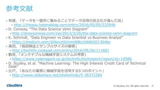 39© Cloudera, Inc. All rights reserved.
参考⽂献
• 有賀, 「データを⼀箇所に集めることでデータ活⽤の⺠主化が進んだ話」
• http://chezou.hatenablog.com/entry/2016/05/05/222046
• D. Conway, “The Data Science Venn Diagram”
• http://drewconway.com/zia/2013/3/26/the-data-science-venn-diagram
• K. Schmidt, ”Data Engineer vs Data Scientist vs Business Analyst”
• https://medium.com/@KevinSchmidtBiz/b68d201364bc
• 森⽥, 「仮説検証とサンプルサイズの基礎」
• http://techlife.cookpad.com/entry/2016/09/26/111601
• 數⾒,「メンテナブルな機械学習システムの考察」
• https://www.cyberagent.co.jp/techinfo/techreport/report/id=10586
• D. Sculley, et al. ”Machine Learning: The High Interest Credit Card of Technical
Debt”
• ⽐⼾, 「あなたの業務に機械学習を活⽤する5つのポイント」
• http://www.slideshare.net/shoheihido/5-38372284
 
