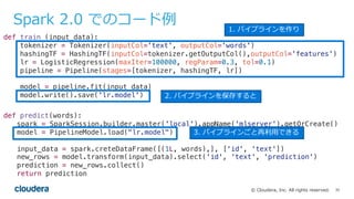 35© Cloudera, Inc. All rights reserved.
Spark 2.0 でのコード例
def predict(words):
spark = SparkSession.builder.master('local')....