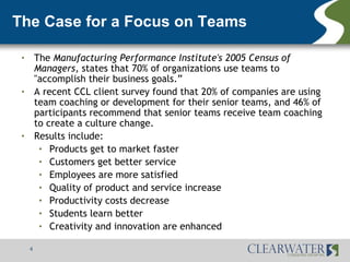 The Case for a Focus on Teams

 •       The Manufacturing Performance Institute's 2005 Census of
         Managers, states that 70% of organizations use teams to
         "accomplish their business goals.”
 •       A recent CCL client survey found that 20% of companies are using
         team coaching or development for their senior teams, and 46% of
         participants recommend that senior teams receive team coaching
         to create a culture change.
 •       Results include:
          • Products get to market faster
          • Customers get better service
          • Employees are more satisfied
          • Quality of product and service increase
          • Productivity costs decrease
          • Students learn better
          • Creativity and innovation are enhanced


     4
 