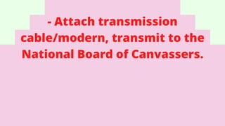 - Attach transmission
cable/modern, transmit to the
National Board of Canvassers.
 