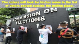 The voters will look for his/her name in the list
of voters posted outside the polling place.
 