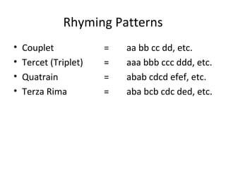 Rhyming Patterns Couplet =  aa bb cc dd, etc. Tercet (Triplet) = aaa bbb ccc ddd, etc. Quatrain =  abab cdcd efef, etc. Terza Rima =  aba bcb cdc ded, etc. 