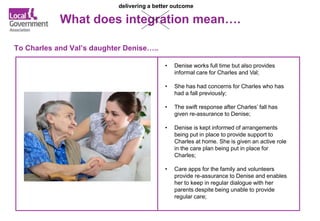 • Denise works full time but also provides
informal care for Charles and Val;
• She has had concerns for Charles who has
had a fall previously;
• The swift response after Charles’ fall has
given re-assurance to Denise;
• Denise is kept informed of arrangements
being put in place to provide support to
Charles at home. She is given an active role
in the care plan being put in place for
Charles;
• Care apps for the family and volunteers
provide re-assurance to Denise and enables
her to keep in regular dialogue with her
parents despite being unable to provide
regular care;
What does integration mean….
To Charles and Val’s daughter Denise…..
delivering a better outcome
 
