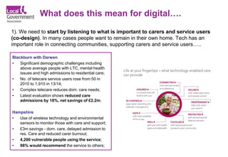 What does this mean for digital….
1). We need to start by listening to what is important to carers and service users
(co-design). In many cases people want to remain in their own home. Tech has an
important role in connecting communities, supporting carers and service users…..
Blackburn with Darwen
• Significant demographic challenges including
above average people with LTC, mental health
issues and high admissions to residential care;
• No. of telecare service users rose from 50 in
2010 to 1,910 in 13/14;
• Complex telecare reduces dom. care needs;
• Latest evaluation shows reduced care
admissions by 18%, net savings of £2.2m;
Hampshire
• Use of wireless technology and environmental
sensors to monitor those with care and support;
• £3m savings - dom. care, delayed admission to
res. Care and reduced carer burnout;
• 4,200 vulnerable people using the service;
• 98% would recommend the service to others;
 