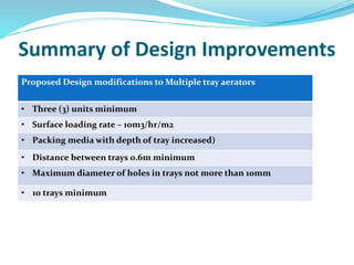 Summary of Design Improvements
Proposed Design modifications to Multiple tray aerators
• Three (3) units minimum
• Surface loading rate – 10m3/hr/m2
• Packing media with depth of tray increased)
• Distance between trays 0.6m minimum
• Maximum diameter of holes in trays not more than 10mm
• 10 trays minimum
 