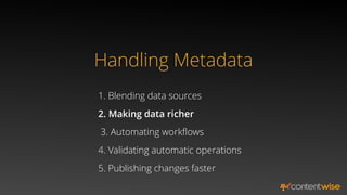Handling Metadata
1. Blending data sources
2. Making data richer
5. Publishing changes faster
3. Automating workﬂows
4. Validating automatic operations
 