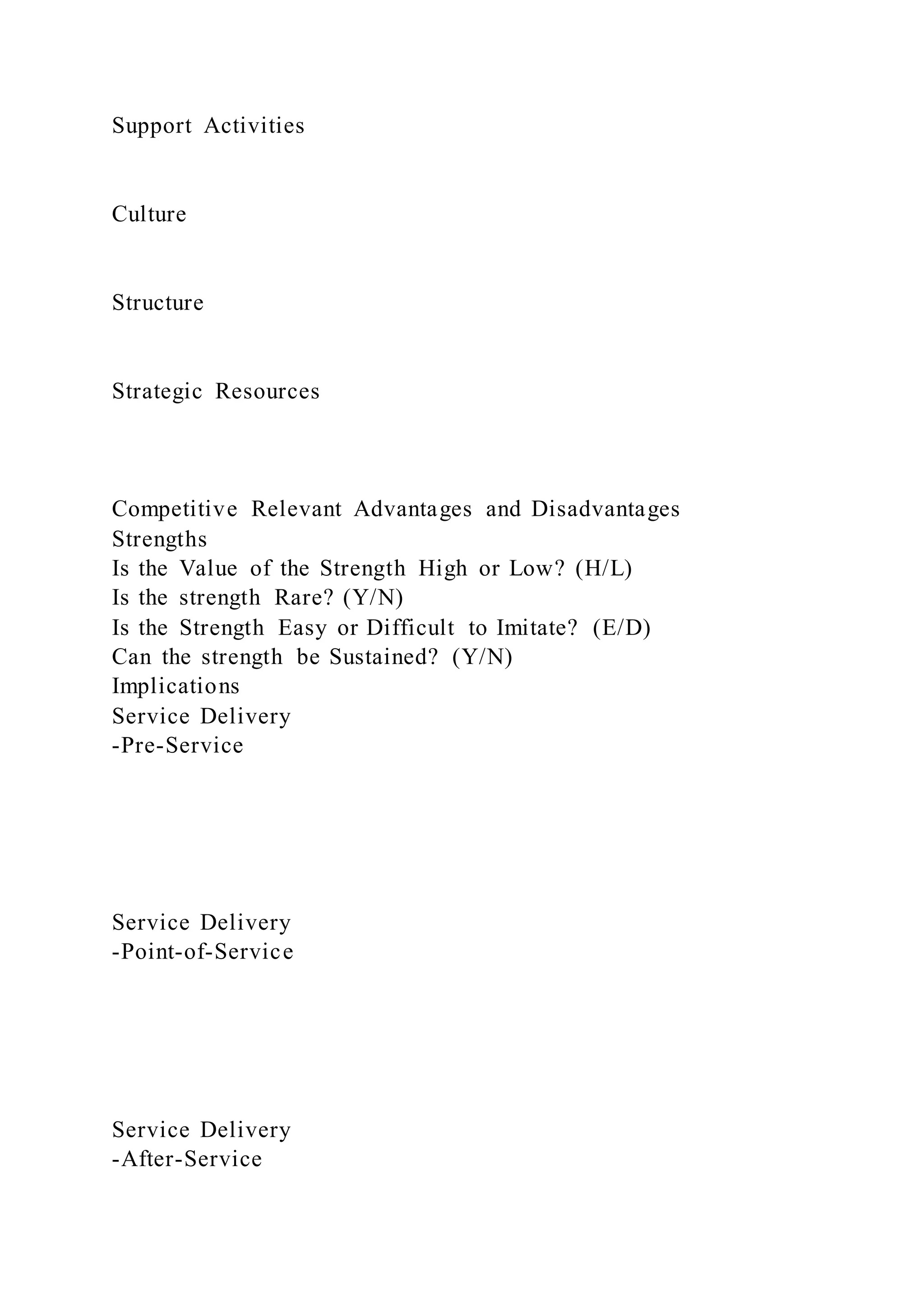 Support Activities
Culture
Structure
Strategic Resources
Competitive Relevant Advantages and Disadvantages
Strengths
Is the Value of the Strength High or Low? (H/L)
Is the strength Rare? (Y/N)
Is the Strength Easy or Difficult to Imitate? (E/D)
Can the strength be Sustained? (Y/N)
Implications
Service Delivery
-Pre-Service
Service Delivery
-Point-of-Service
Service Delivery
-After-Service
 