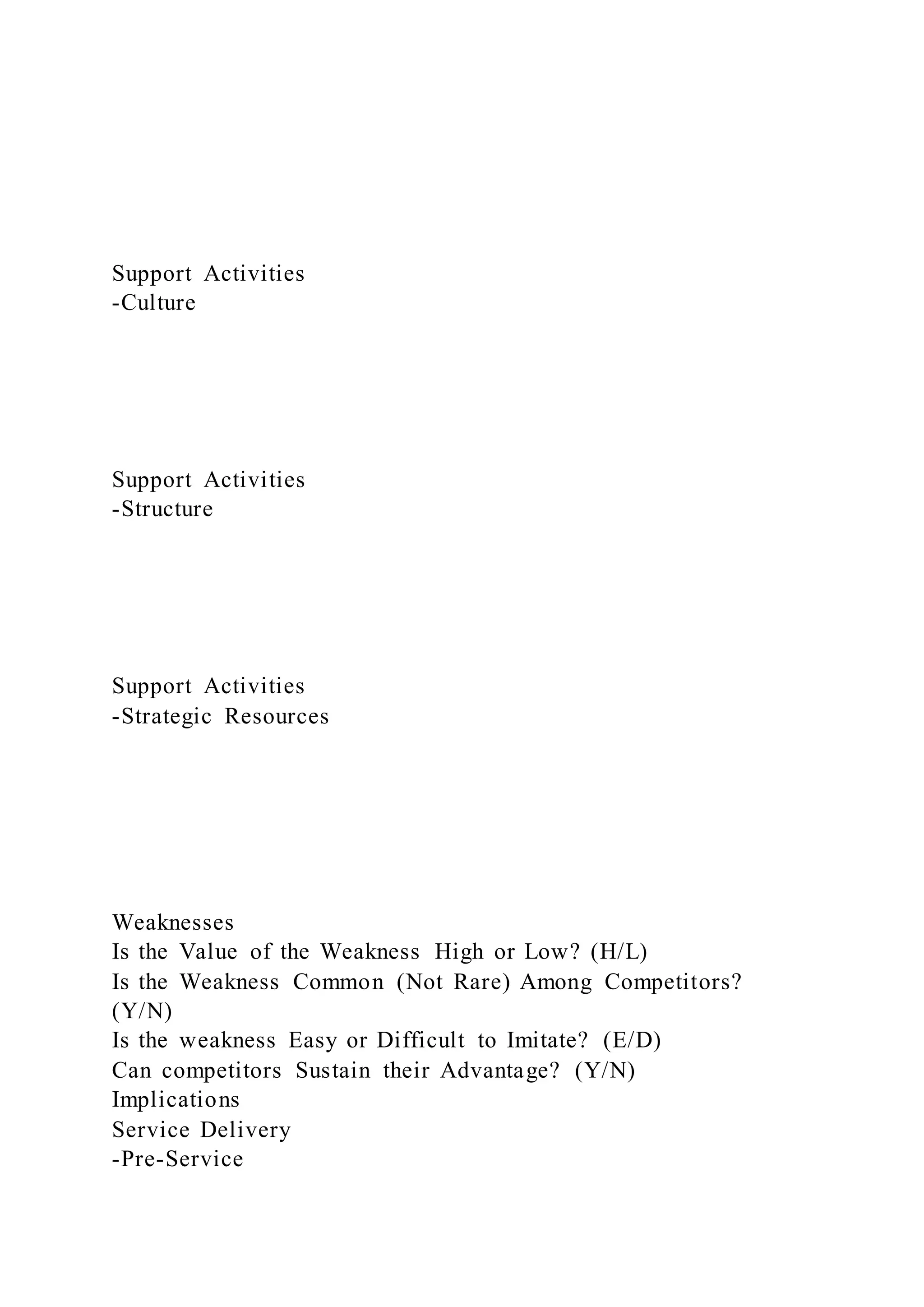 Support Activities
-Culture
Support Activities
-Structure
Support Activities
-Strategic Resources
Weaknesses
Is the Value of the Weakness High or Low? (H/L)
Is the Weakness Common (Not Rare) Among Competitors?
(Y/N)
Is the weakness Easy or Difficult to Imitate? (E/D)
Can competitors Sustain their Advantage? (Y/N)
Implications
Service Delivery
-Pre-Service
 